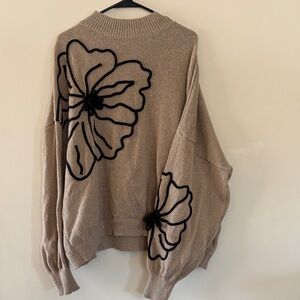 SHEIN Tan Sweater with Black Floral Accents